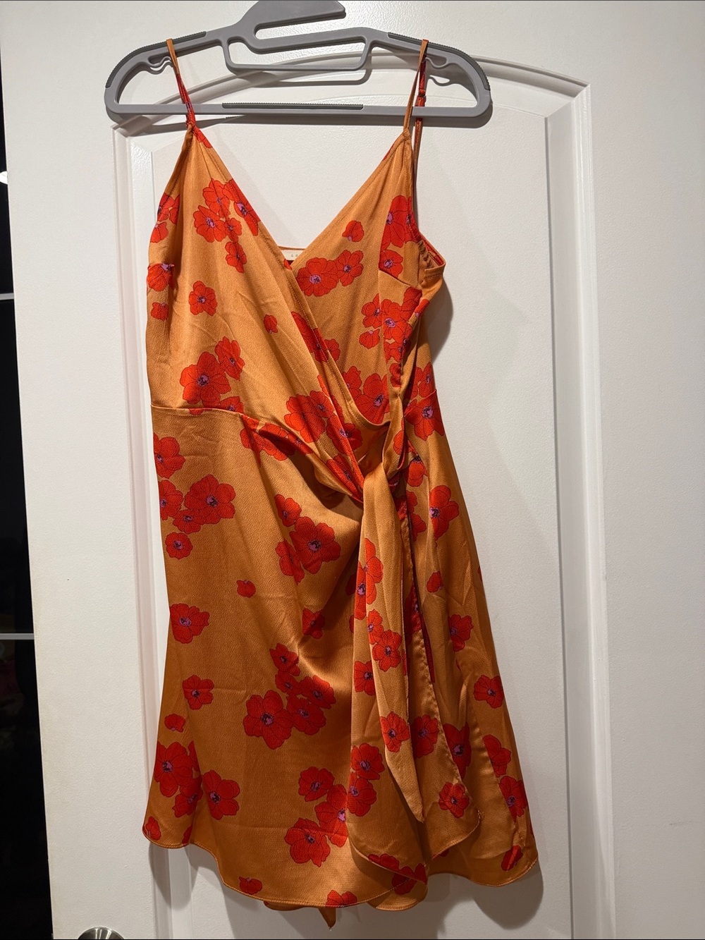 Lush Orange Mini Wrap Dress with Red Floral Print
